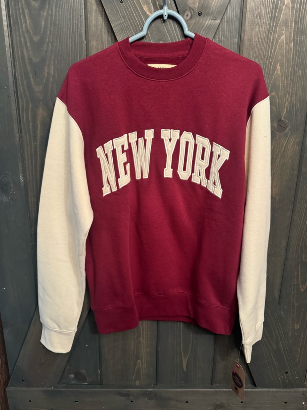Maroon Crewneck Sweatshirt with Cream Raglan Sleeves - NEW YORK